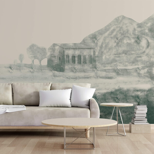 Ζωγραφική ενός κτιρίου και ενός βουνού