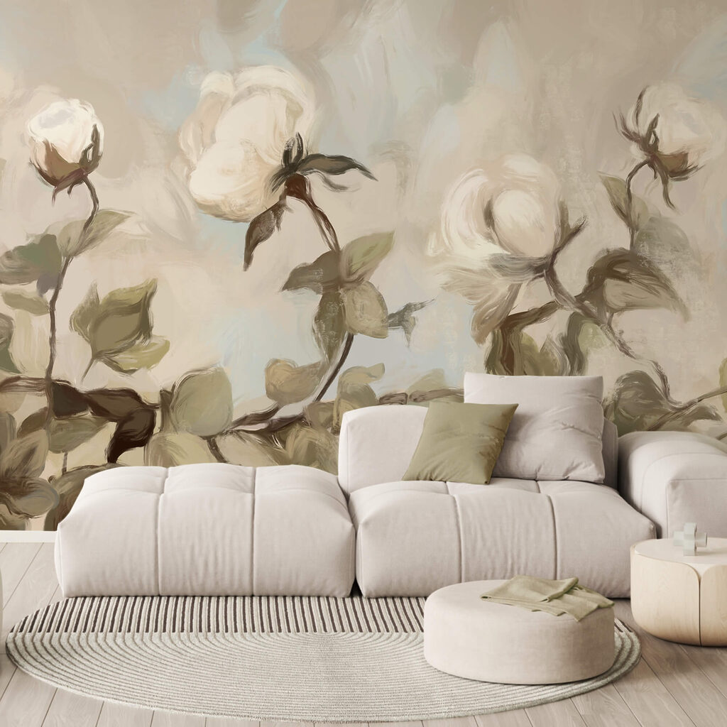 Ζωγραφική με λευκά λουλούδια και φύλλα