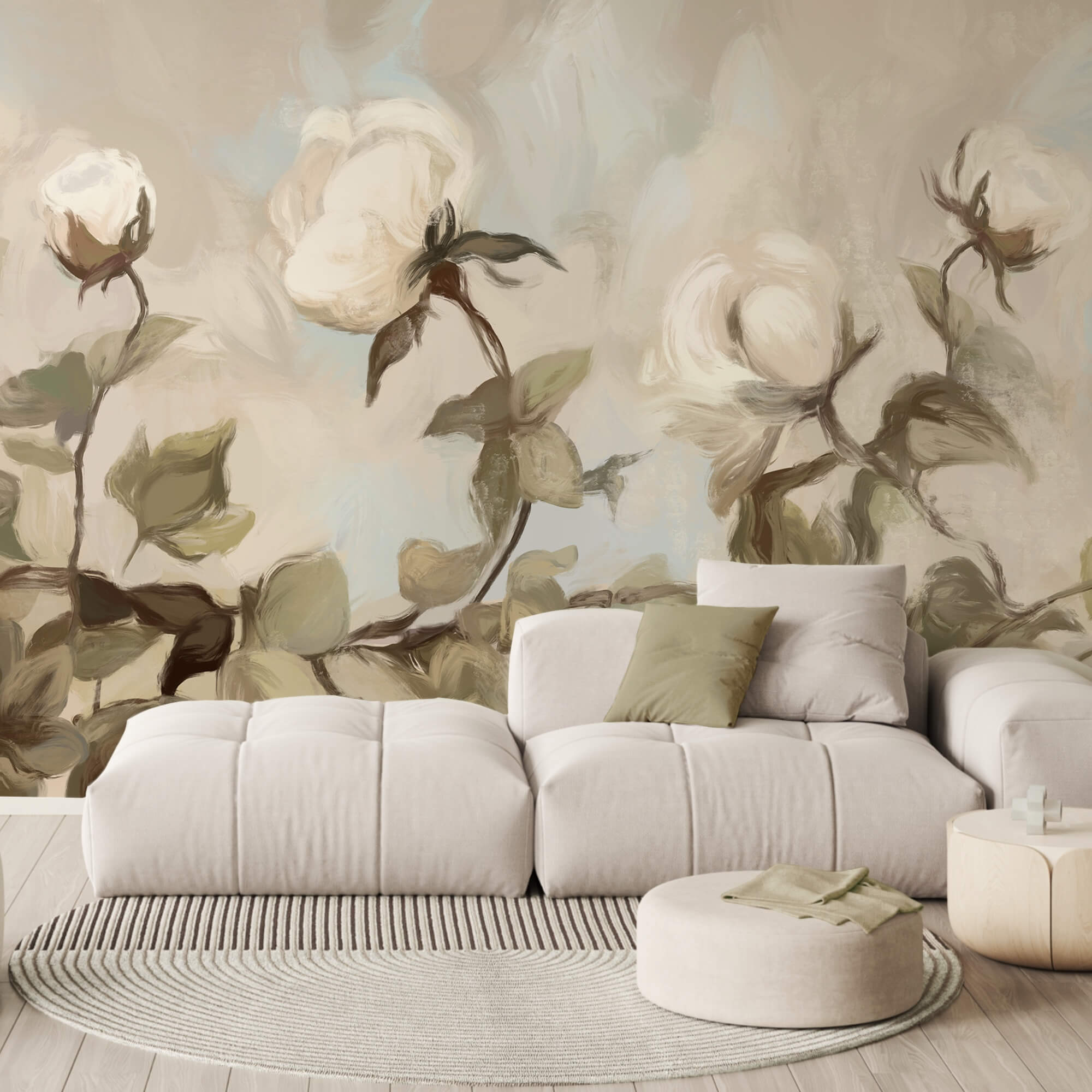 Ζωγραφική με λευκά λουλούδια και φύλλα