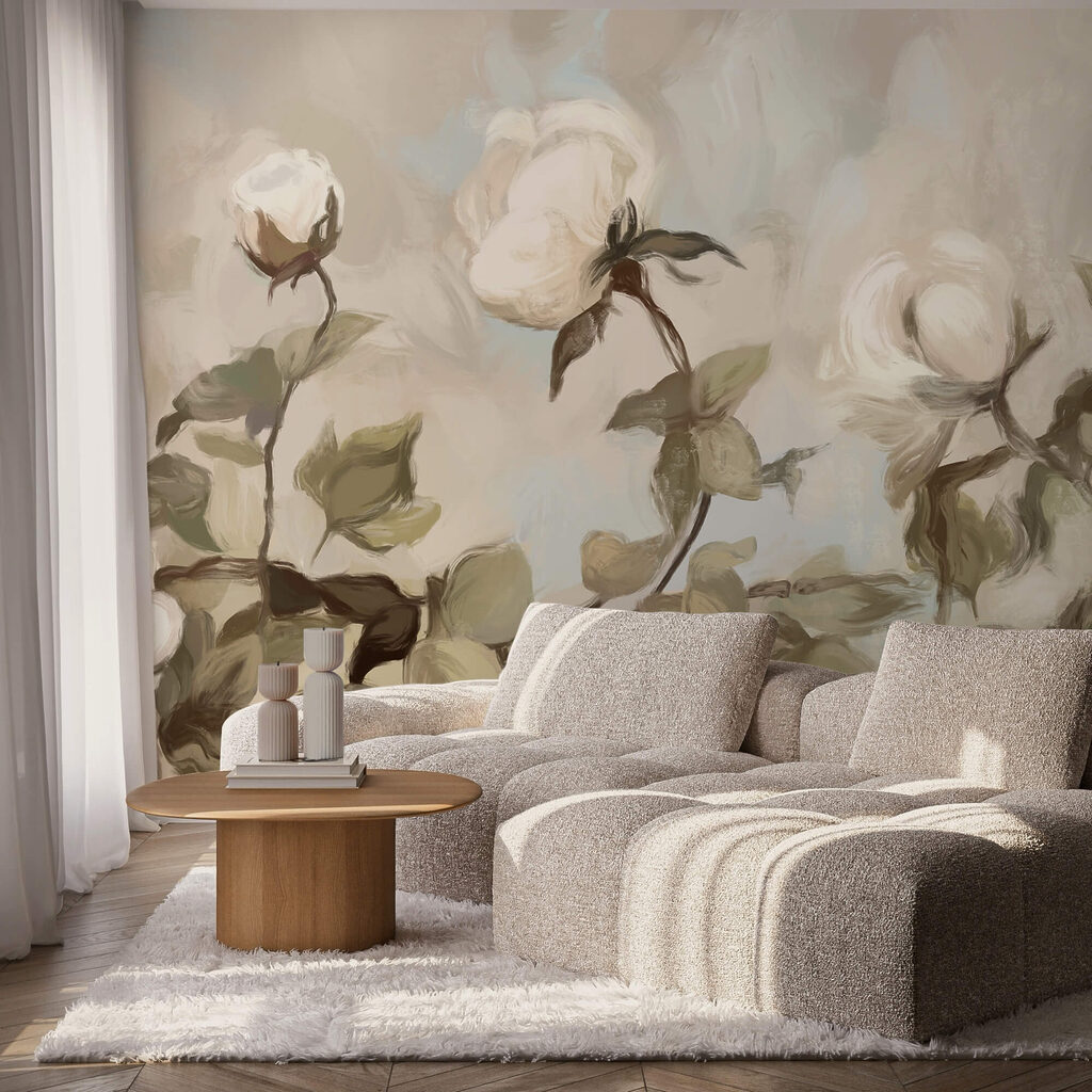 Ζωγραφική με λευκά λουλούδια και φύλλα