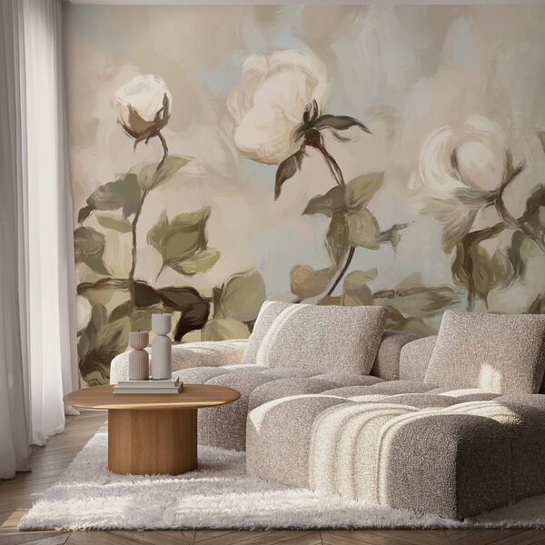 Ζωγραφική με λευκά λουλούδια και φύλλα