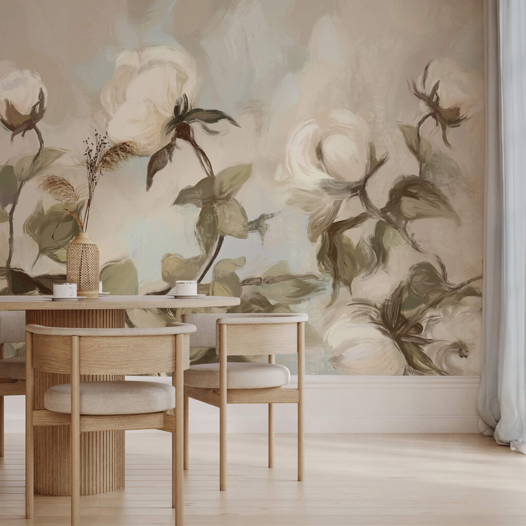 Ζωγραφική με λευκά λουλούδια και φύλλα