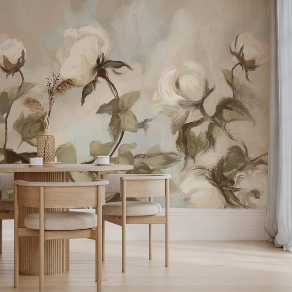 Ζωγραφική με λευκά λουλούδια και φύλλα