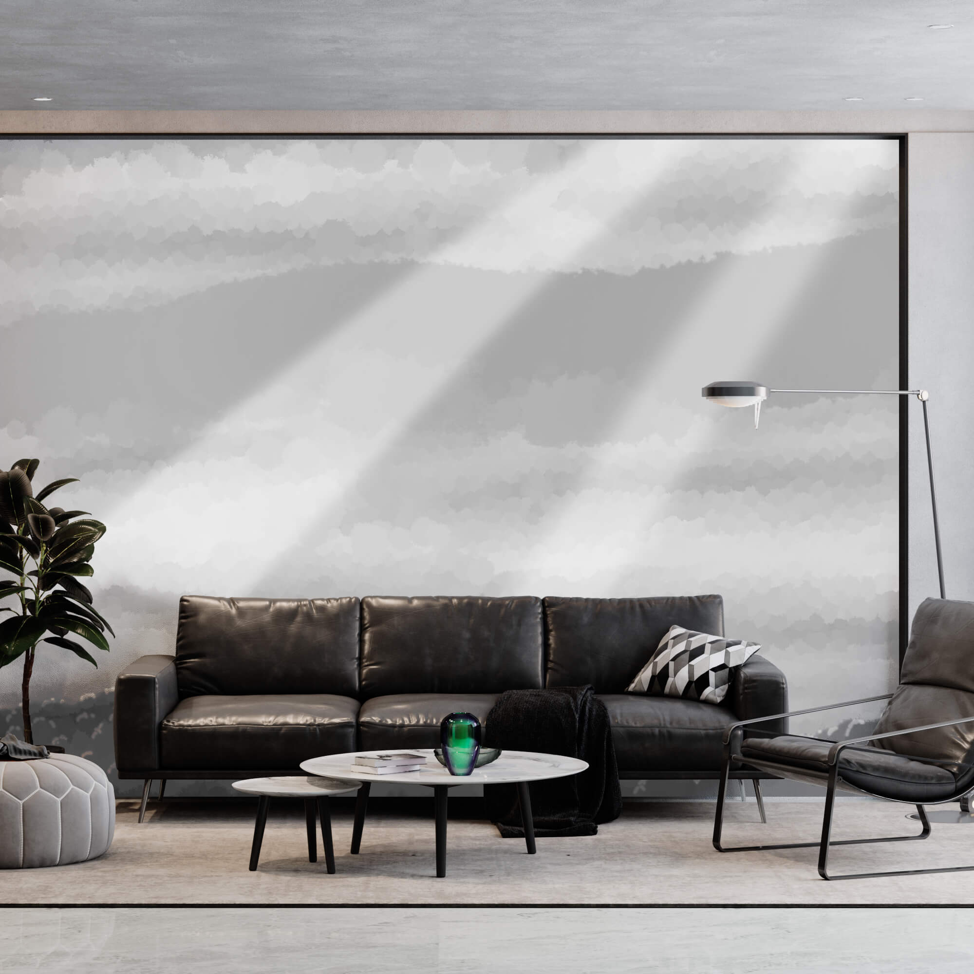 Απεικόνιση σε κλίμακα του γκρι με σύννεφα και ακτίνες του ήλιου