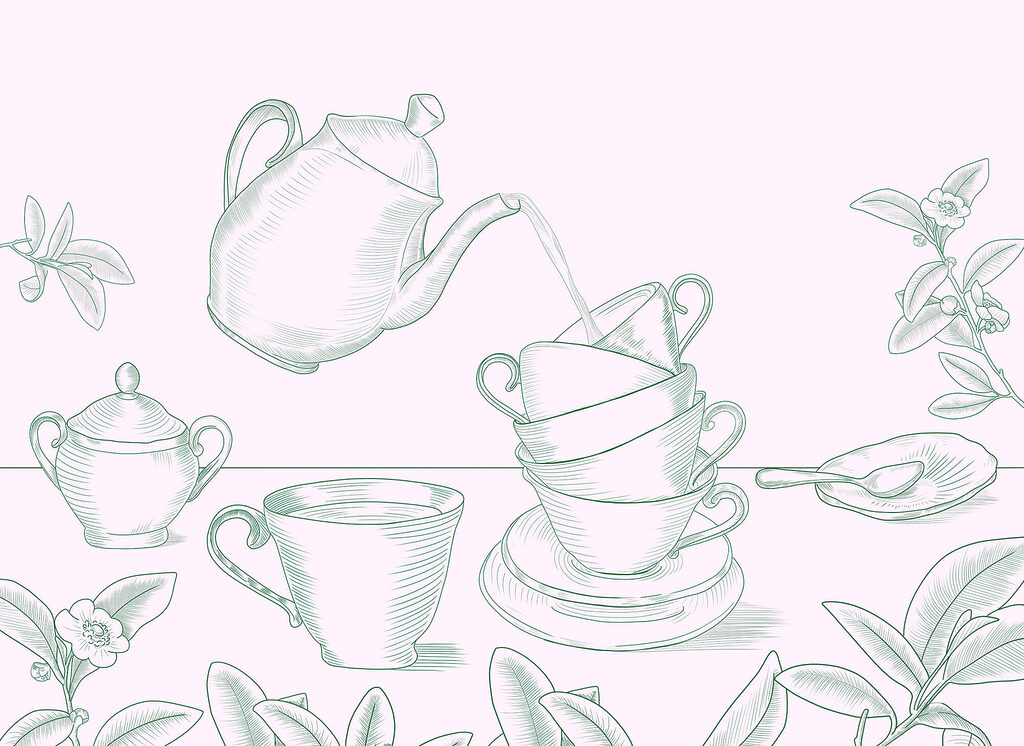Teapot pouring tea into a stack of teacups