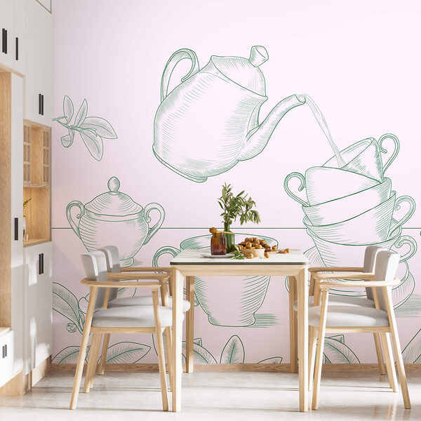 Τσαγιέρα που ρίχνει τσάι σε μια στοίβα από φλιτζάνια τσαγιού