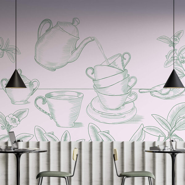 Τσαγιέρα που ρίχνει τσάι σε μια στοίβα από φλιτζάνια τσαγιού