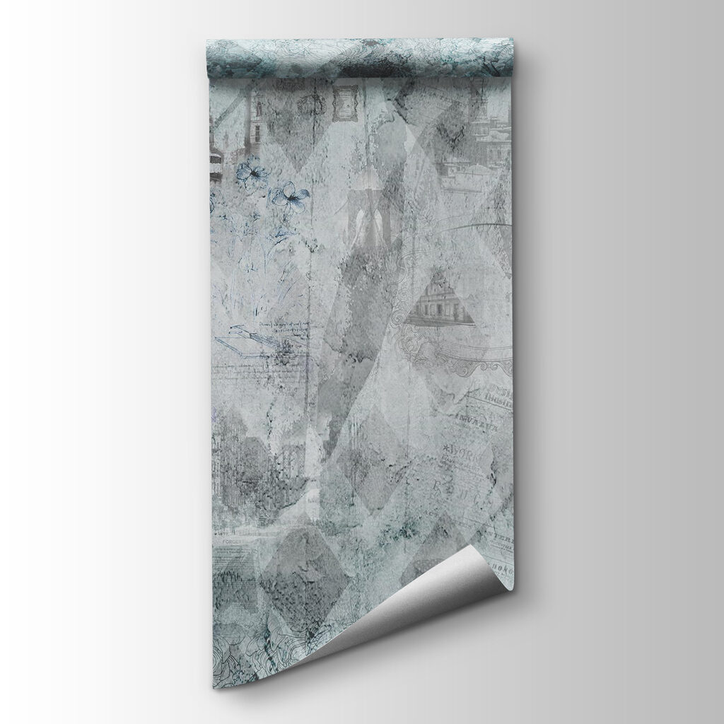 Grey and white wallpaper with drawings