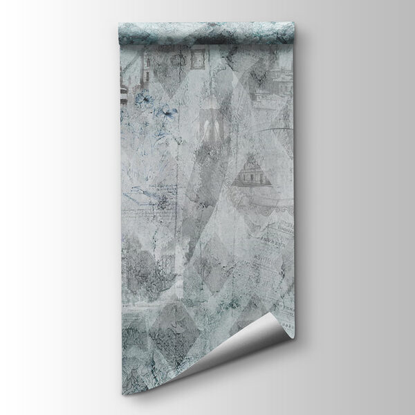 Grey and white wallpaper with drawings