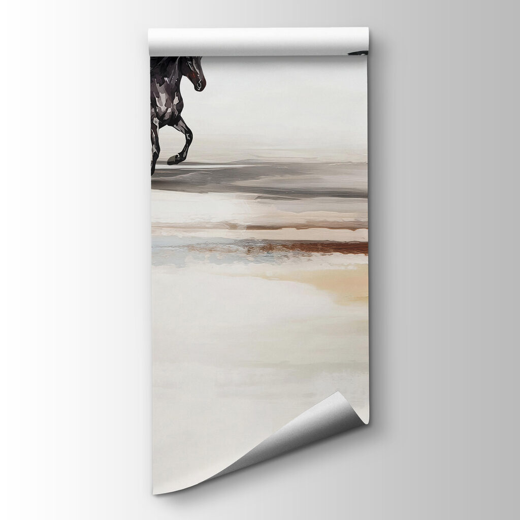 Painting of a horse running on a beach with birds flying