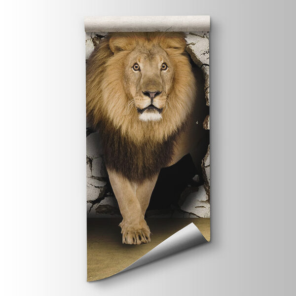 Lion walking through a crack wall