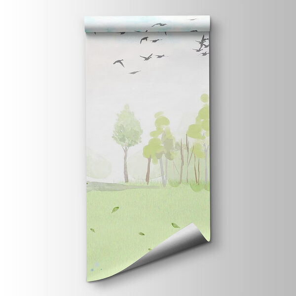 Green field with trees and birds flying in the sky