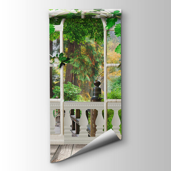 White door with white flowers and green leaves