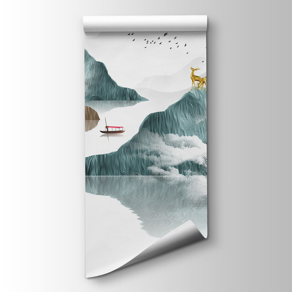 Painting of mountains and boats