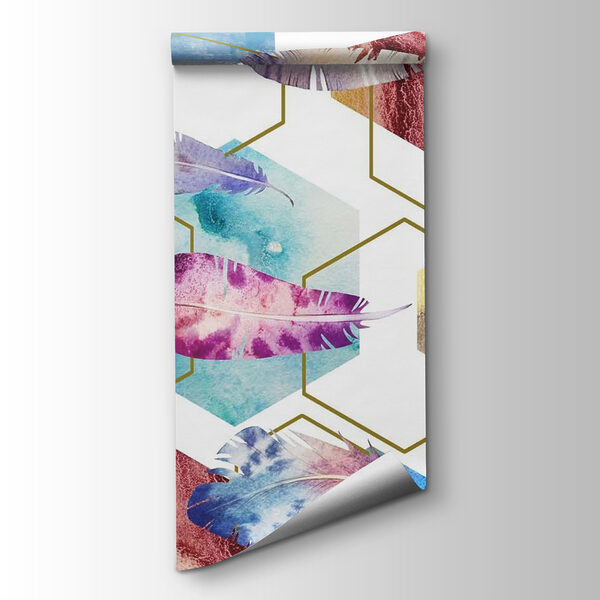 Colorful feathers and hexagons