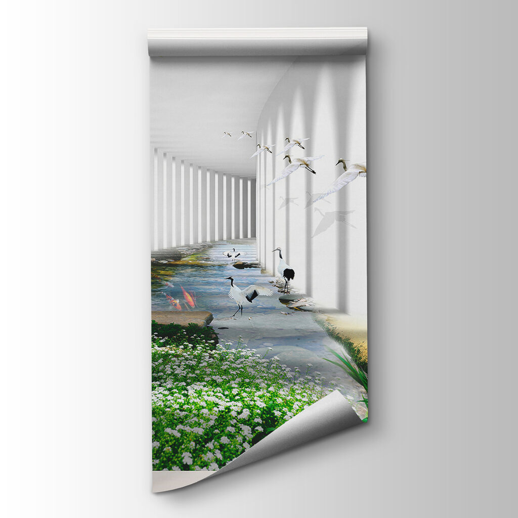 Window with a view of a pond and flowers