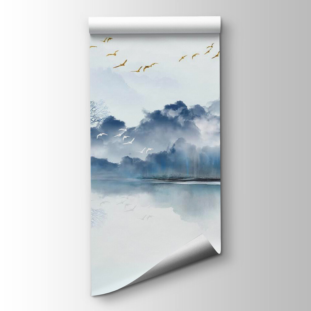 Painting of a boat in the water with birds flying in the sky