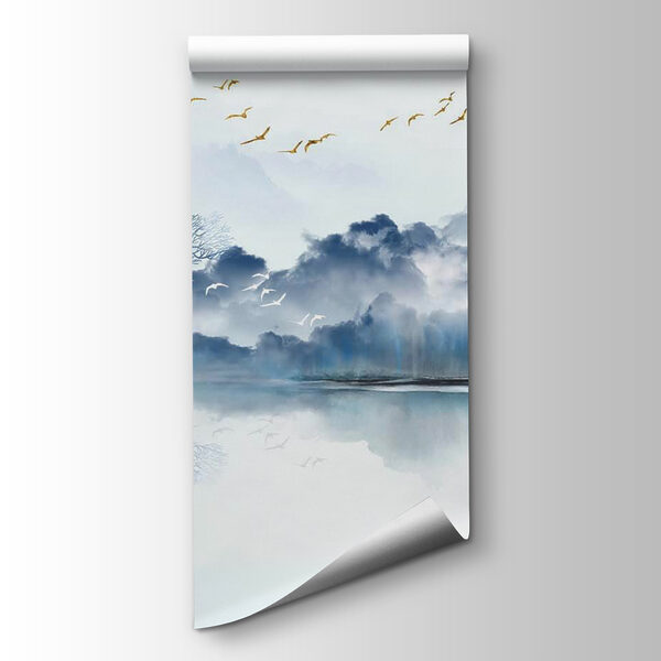 Painting of a boat in the water with birds flying in the sky