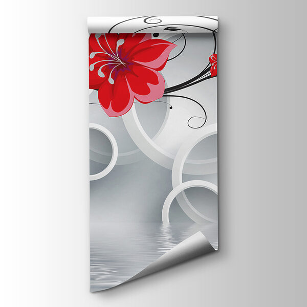 Wallpaper with red flowers and white circles