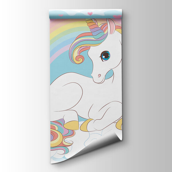 Unicorn sitting on a cloud with rainbow and hearts