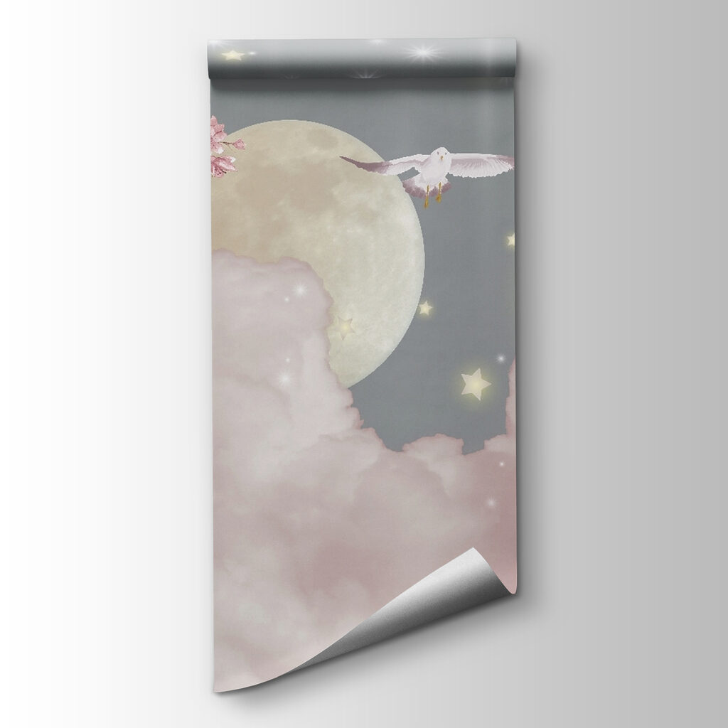Moon and clouds with birds and stars