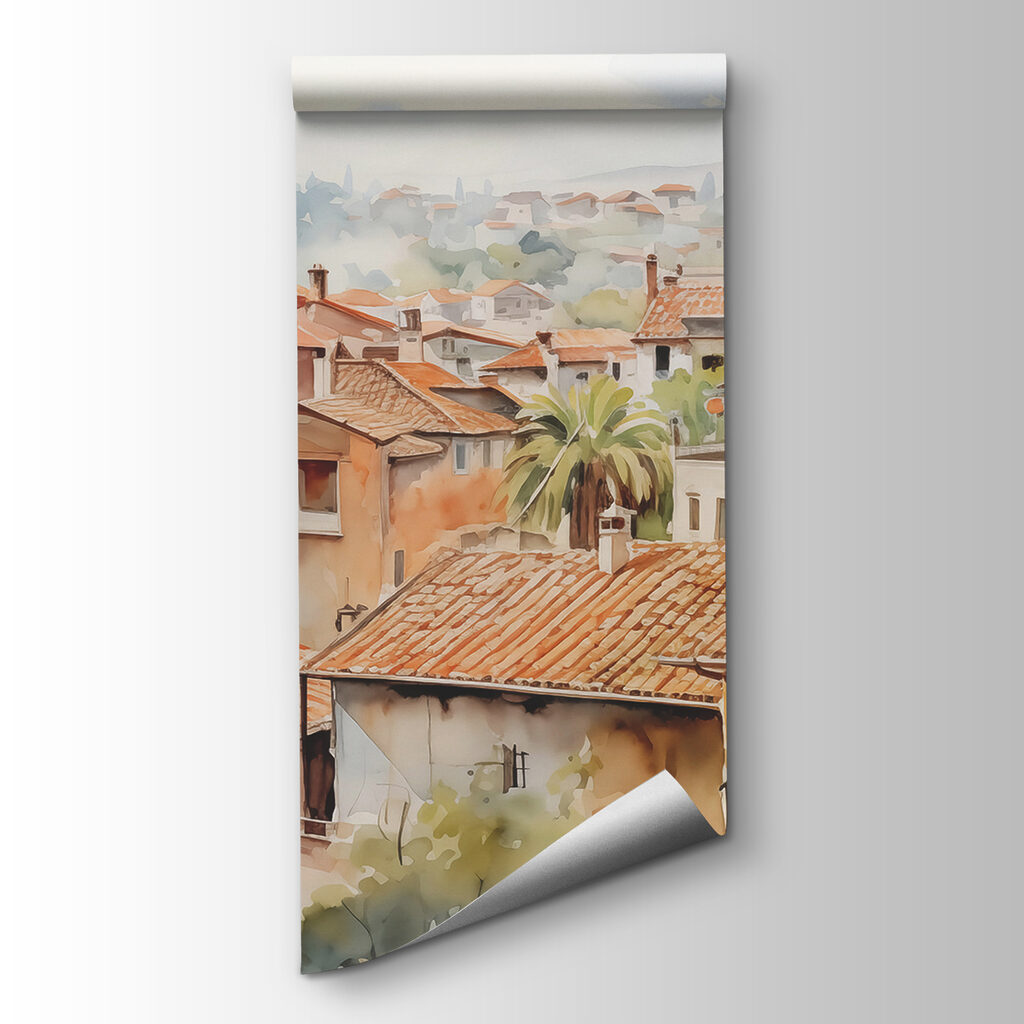 Watercolor of a town with many buildings and trees