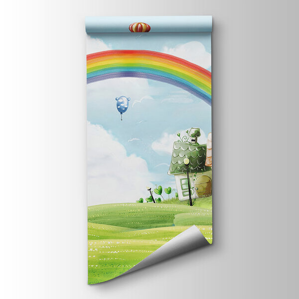 Cartoon landscape with a rainbow and houses