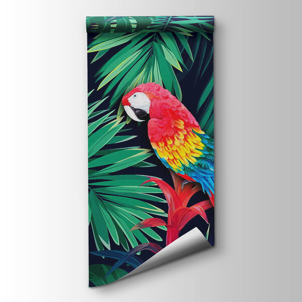 Colorful parrots and leaves