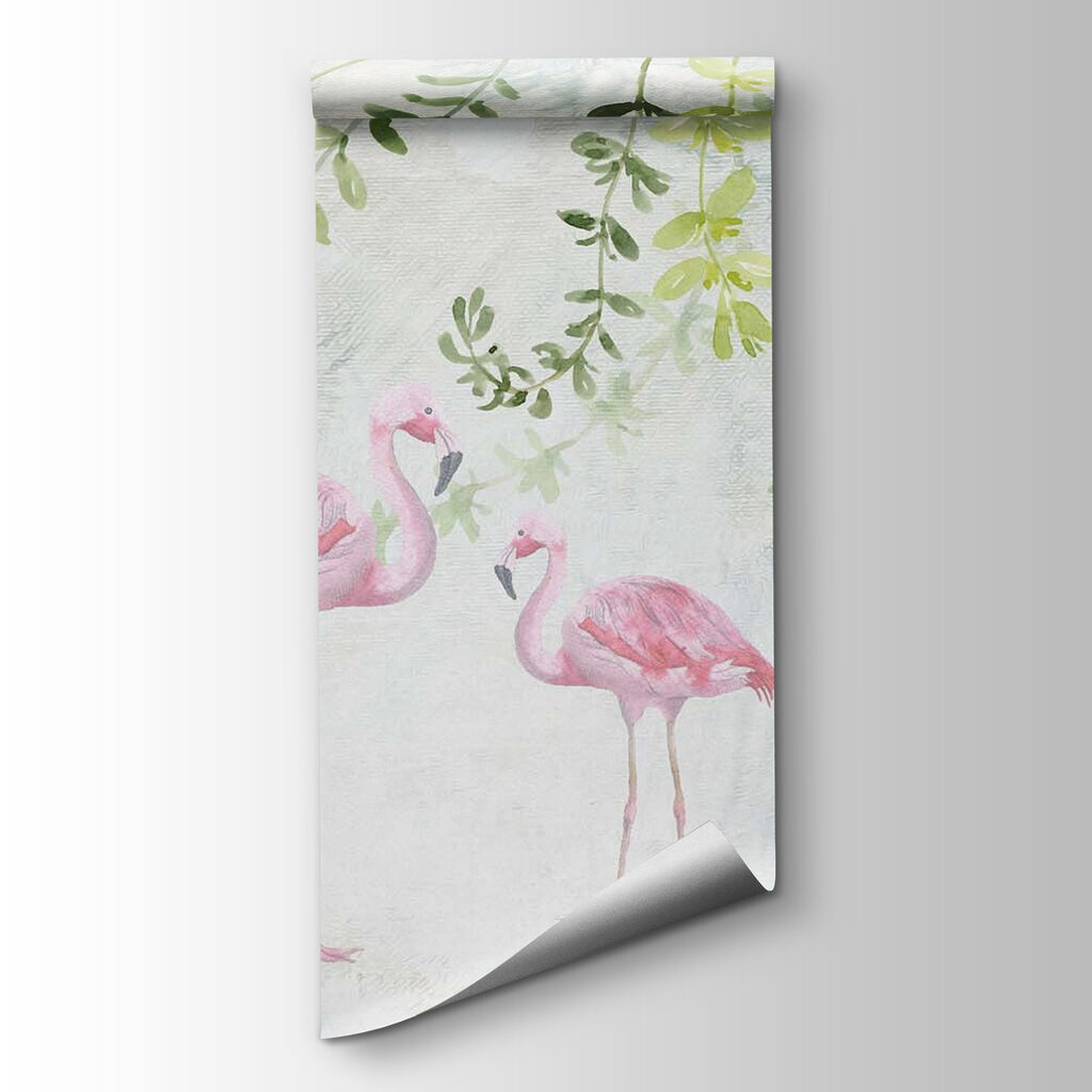 Two pink flamingos with green leaves