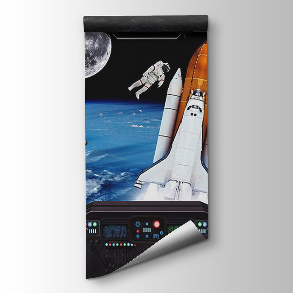 Space shuttle and astronauts in outer space