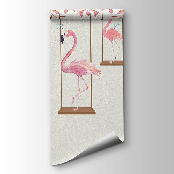 Group of flamingos on swings
