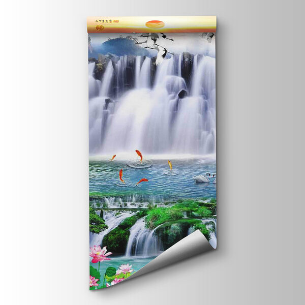 Waterfall with birds and flowers