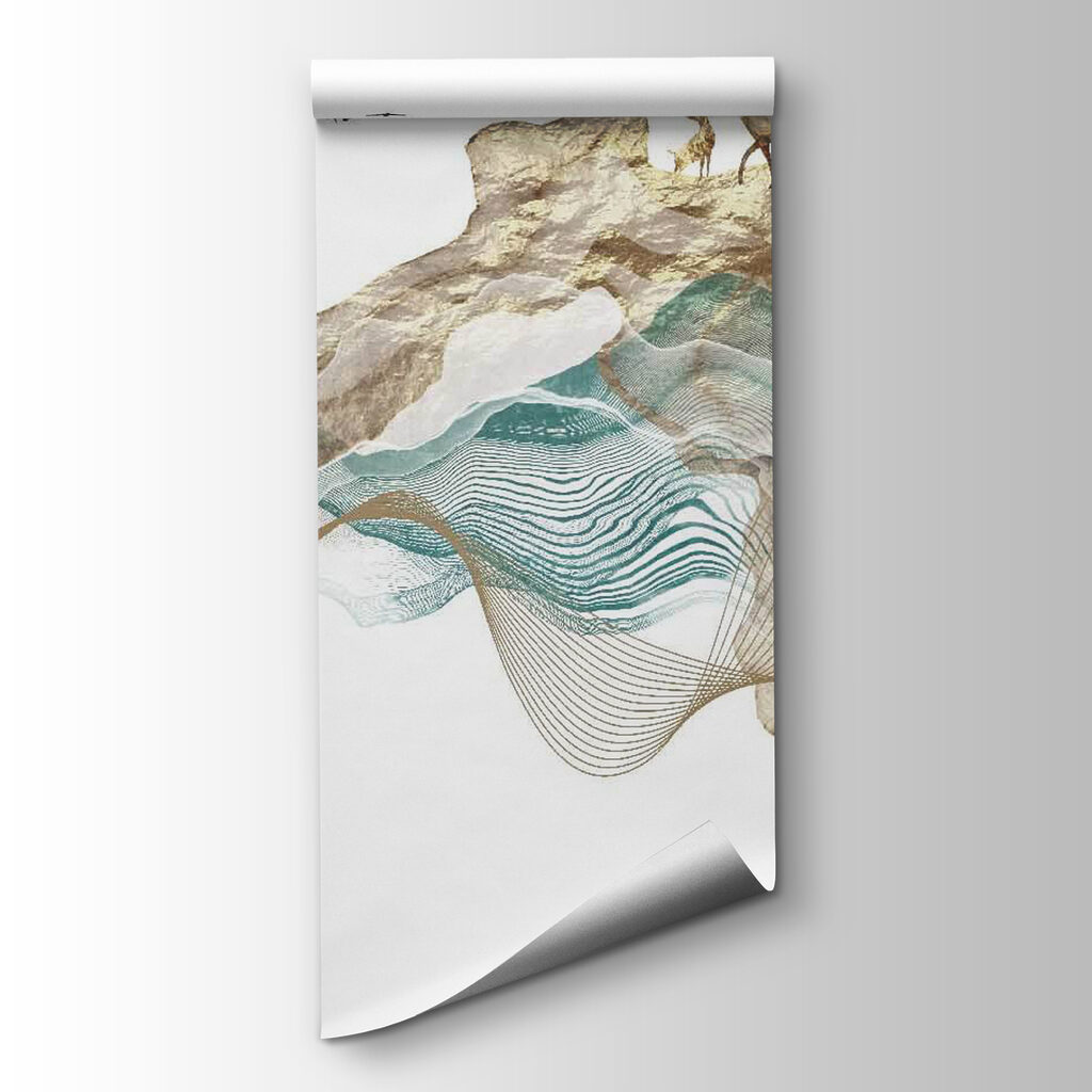 Painting of a mountain with birds flying around