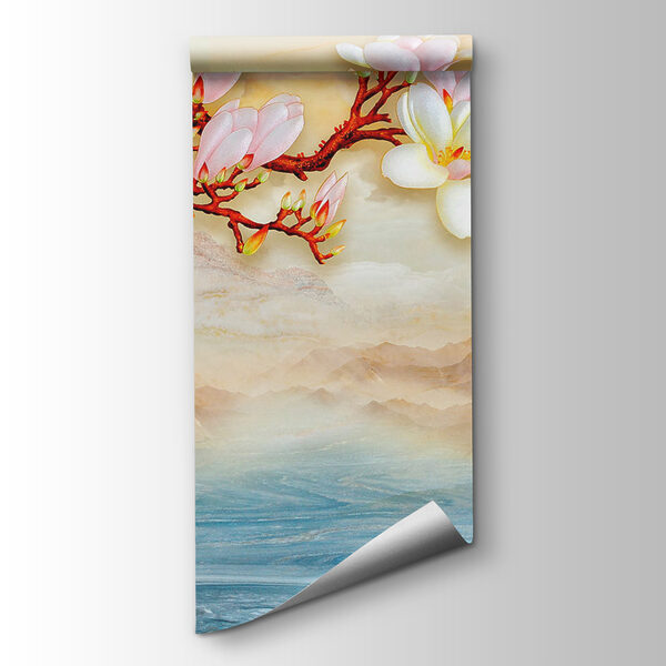 Painting of a branch with flowers and mountains in the background
