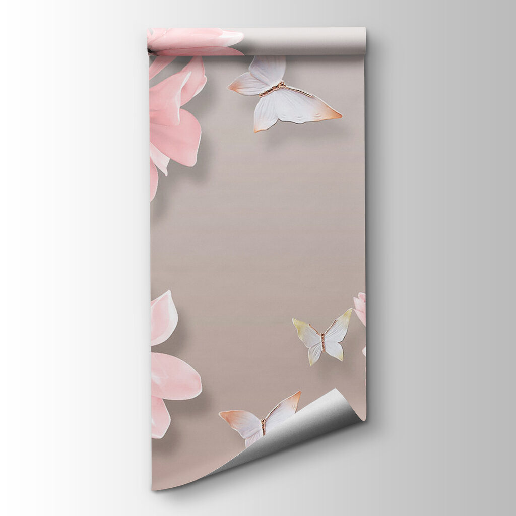 Pink flowers and butterflies on a tree