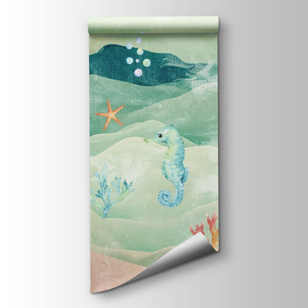 Sea life with seahorses and seaweed