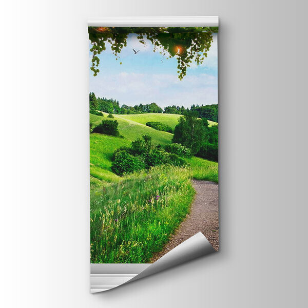 Window with open doors and a path through a grassy field