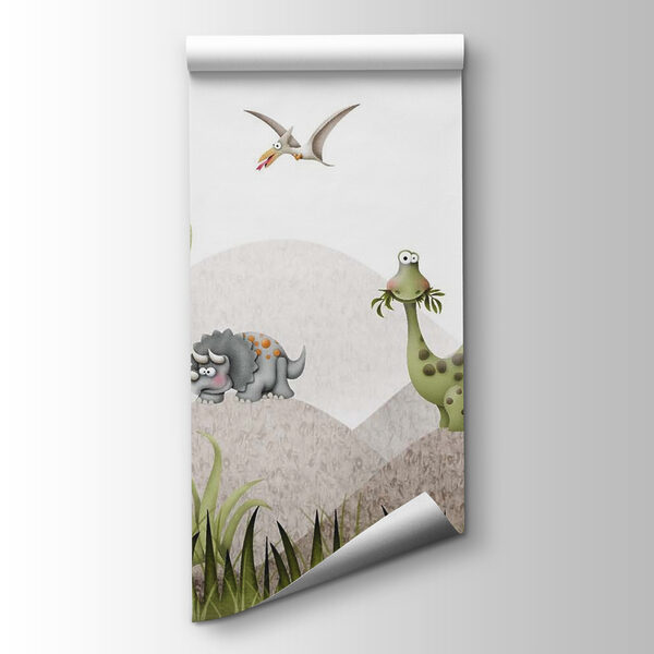 Cartoon dinosaurs in a landscape