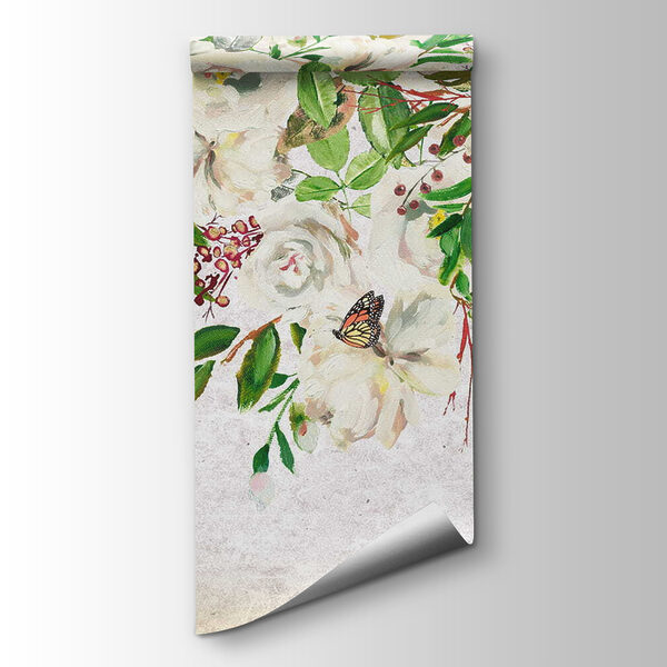 Painting of white flowers and butterflies