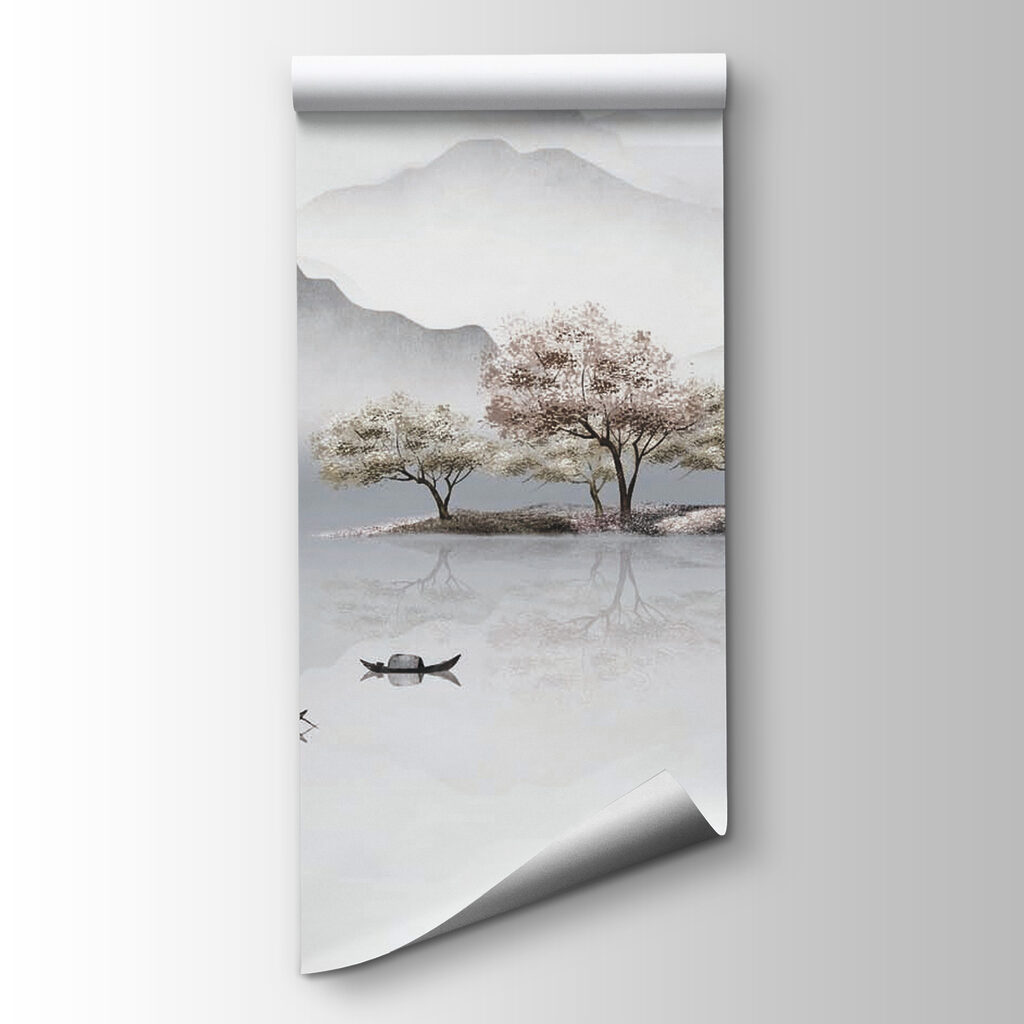 Painting of a lake with trees and mountains