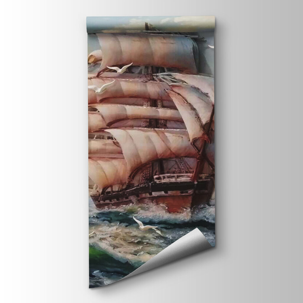 Painting of a ship with sails and birds flying
