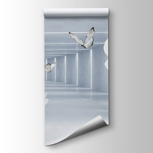 White flowers and butterflies in a room