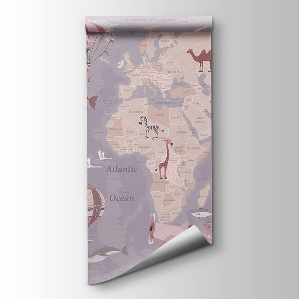 A map of the world with airplanes and hot air balloons