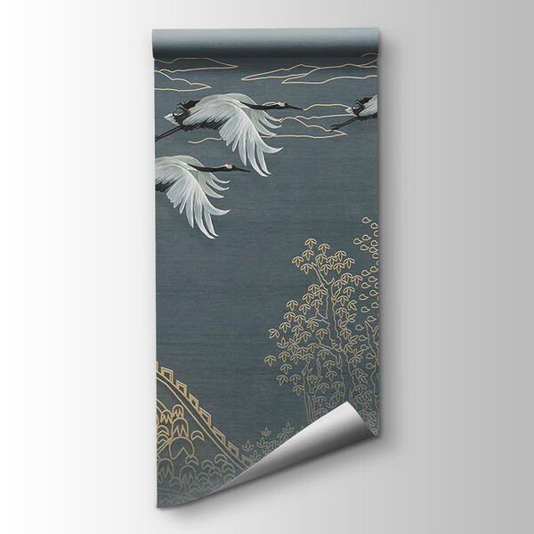 Painting of a landscape with cranes flying over a building Painting of a landscape with cranes flying over a building