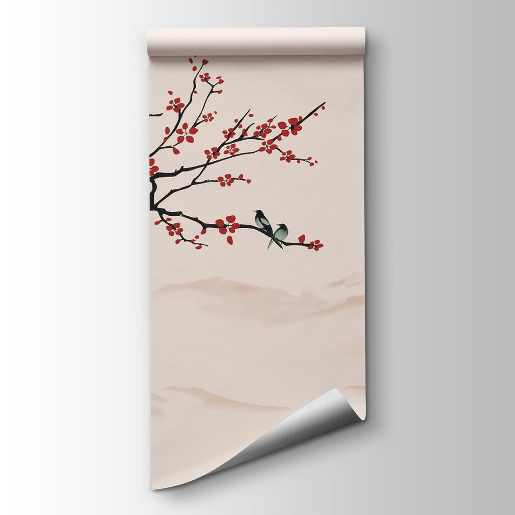 Tree branch with red flowers and a man on a boat