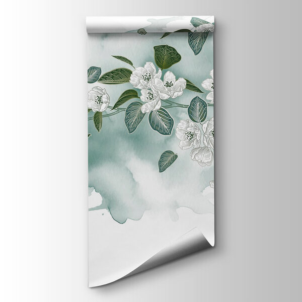 White flowers and green leaves on a white background