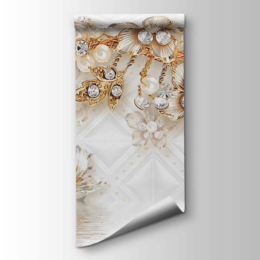 Wallpaper with swans and flowers