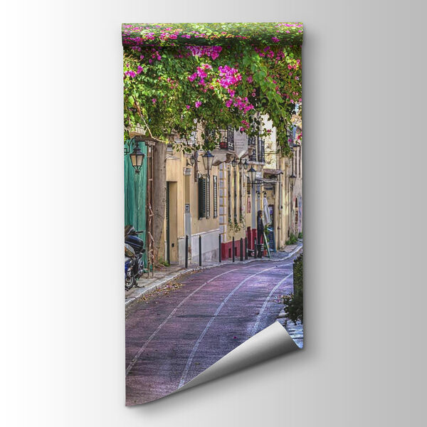 Street with tables and chairs and trees