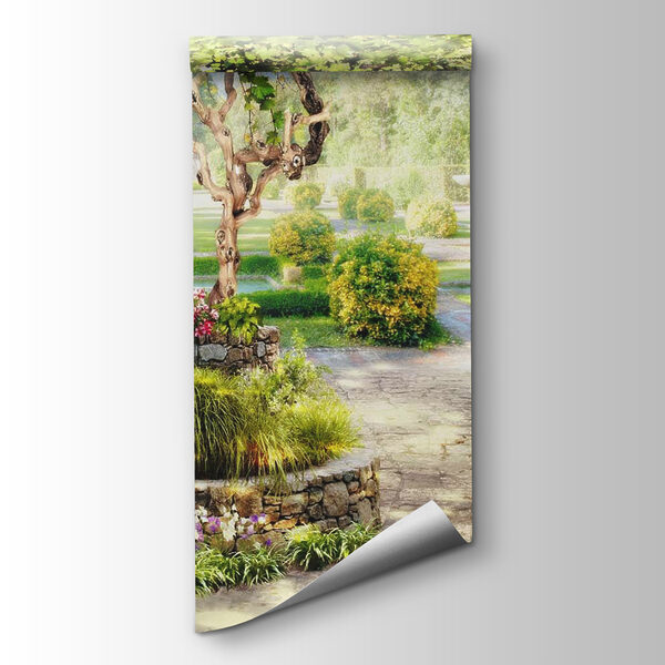 Stone walkway with a tree and flowers