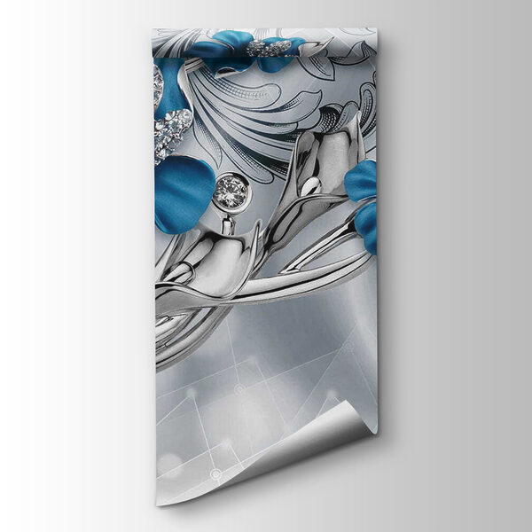 Silver and blue flowers on a silver and black background